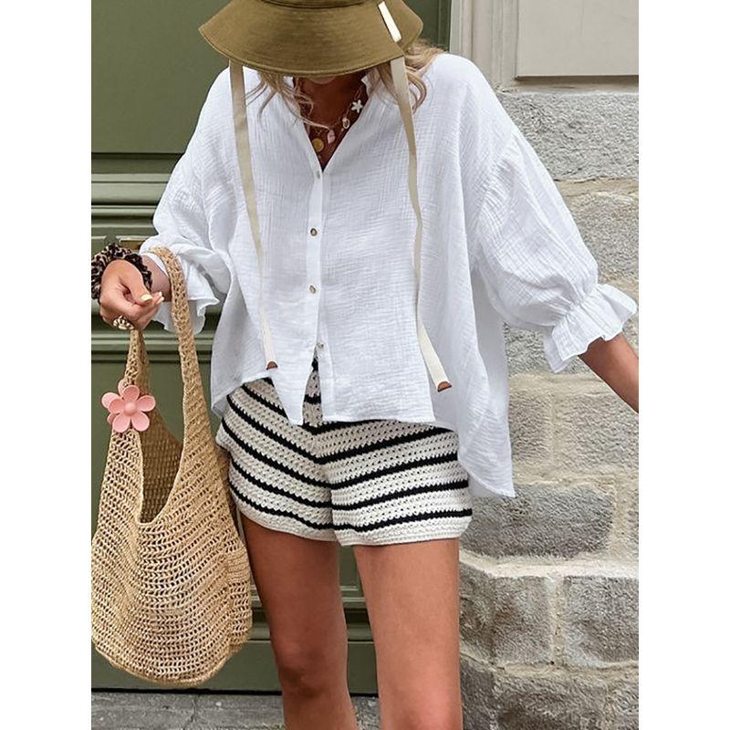 

Fashion Blouses White Crepe Short Sleeve Ruffles Loose Tops 2025 Summer Casual White L(Suggested 57.50 kg-62.50 kg)