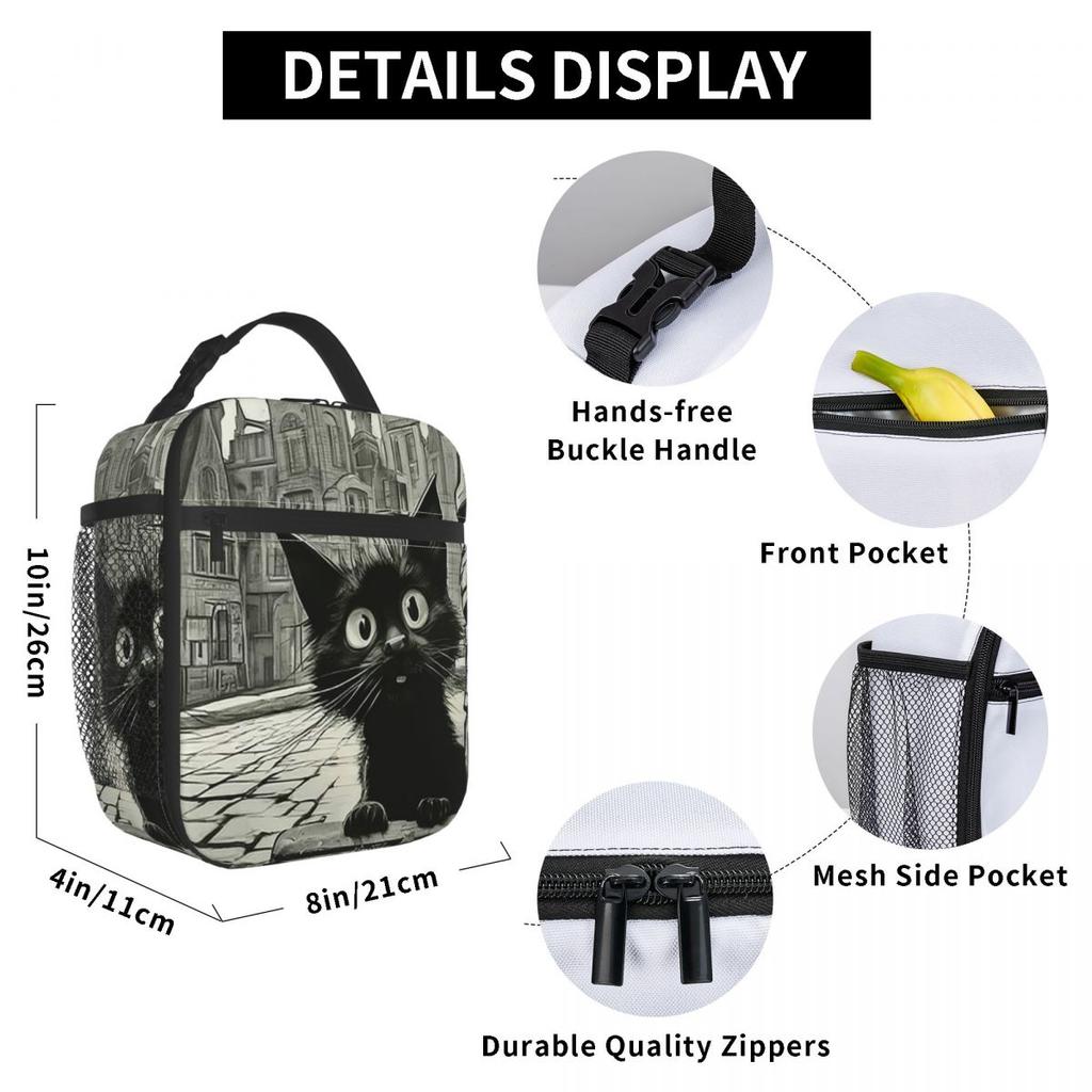 Vintage Black Cat And European Street Scene Insulated Lunch Bag for Women Kids Leakproof Food Boxes Thermal Lunch Box Tote