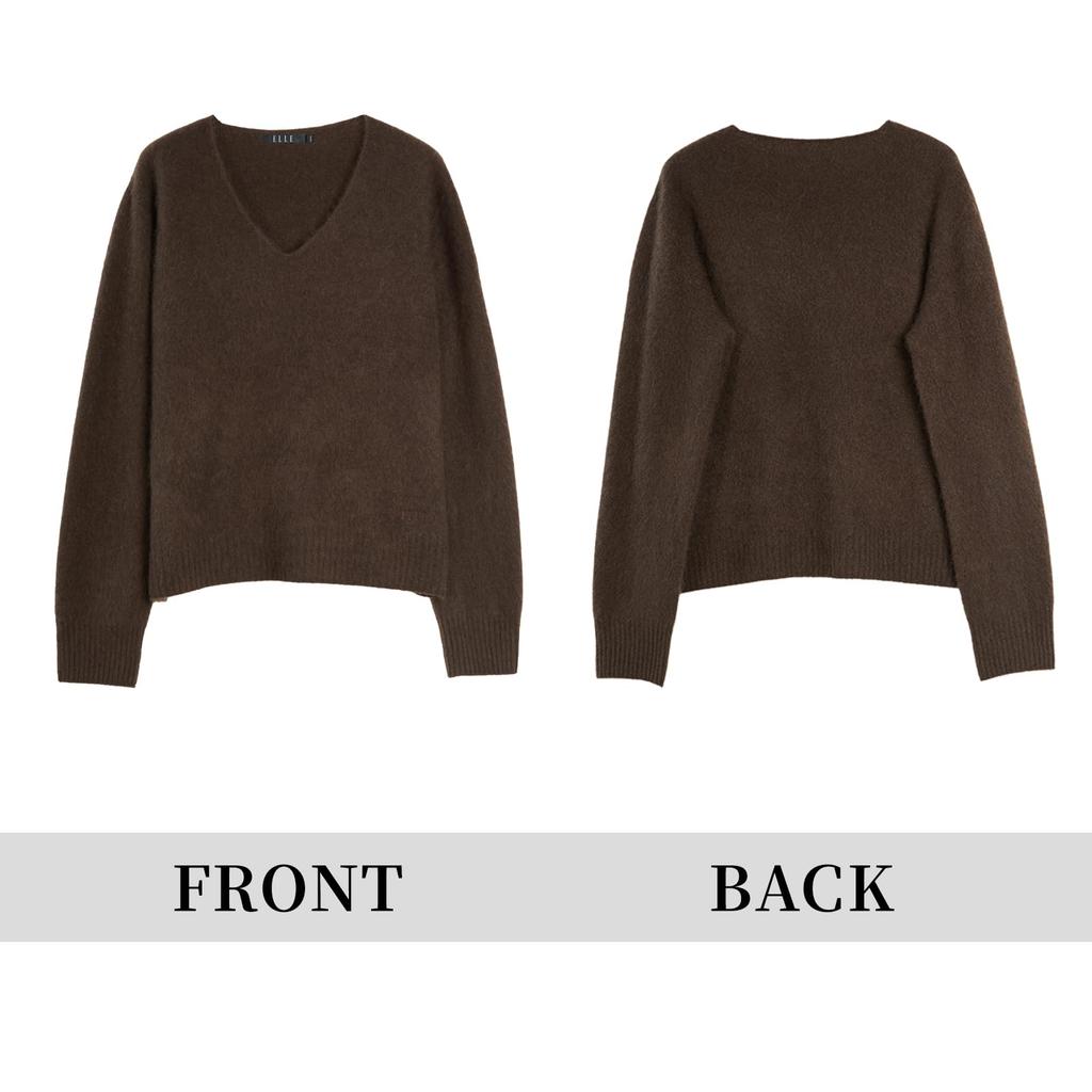 [ELLE] Women's Knit Sweater, V-neck, Wool & Cashmere Blend, Long Sleeves, Relaxed Fit, Elegant, Adult Casual, Brown