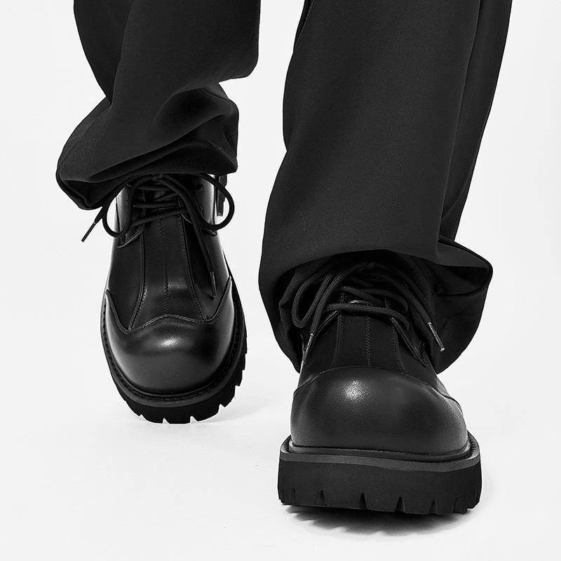 Thick-soled Men's High-end Leather Casual Big-head Heightened Black Small British Round Head Derby Shoes