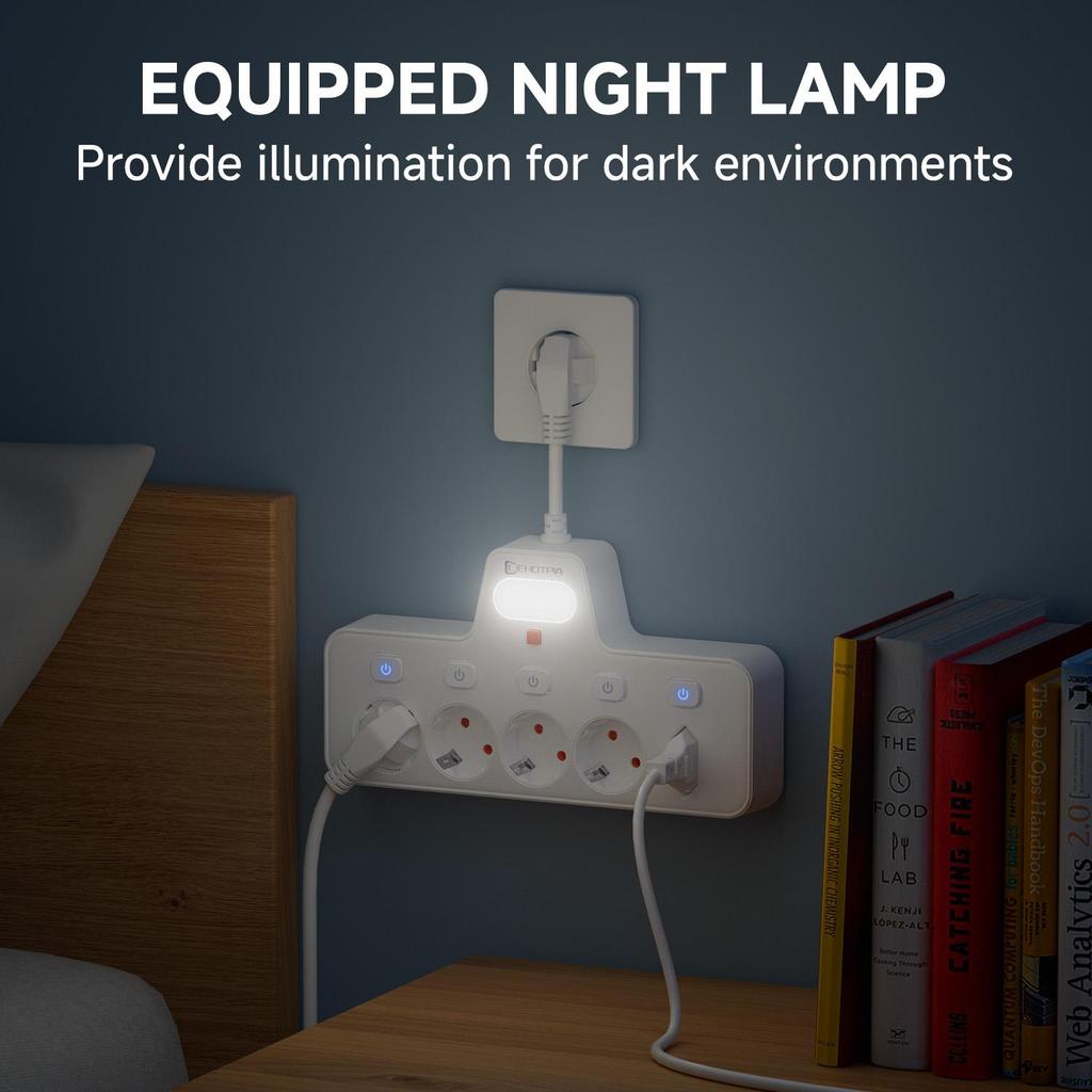 European standard multi socket lighting power socket, made of PC fire-resistant and flame-retardant material, equipped with small night lights