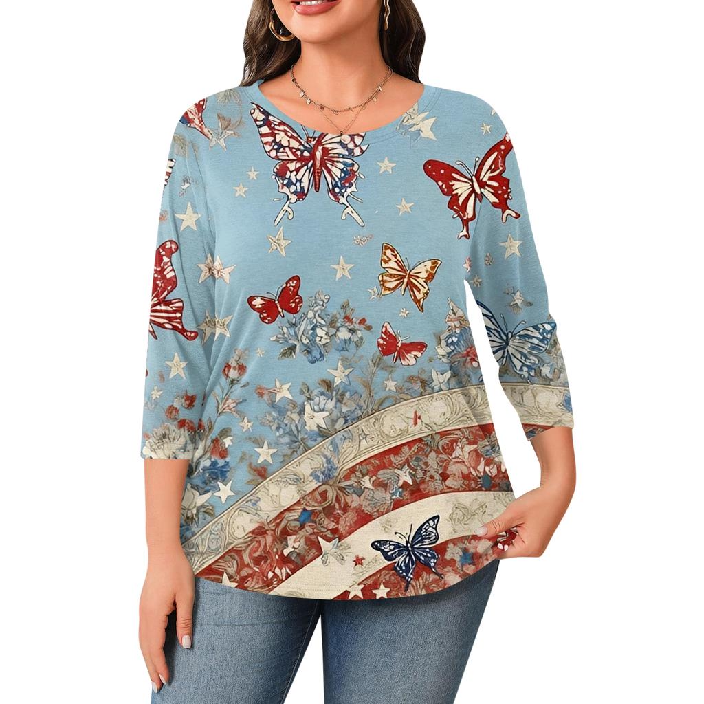 Women Plus Size Crew Neck 34 Sleeve Independence Day Printed Top Loose Fit Casual Blouse for Comfortable Daily Wear