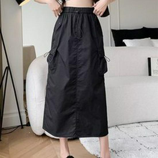 2024 Plus Size Women's Elastic Waist Drawstring Casual Midi A-line Slit Skirt