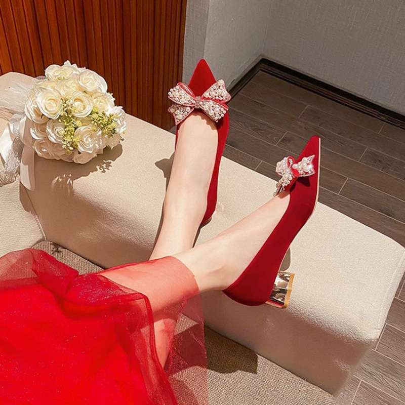 High heels women's thin heels Xiuhe wedding shoes women's 2025 spring and autumn new bridal red shoes Chinese wedding toast wedding