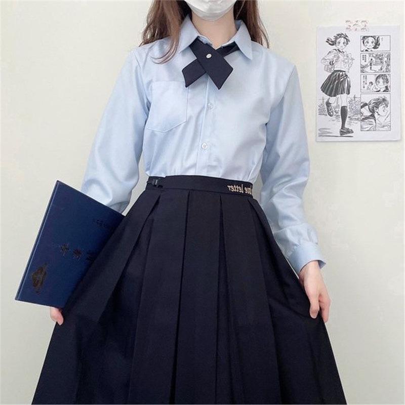 

Women s Long Sleeve JK Uniform Shirt - Light Blue & Milk White, Round Collar, Loose Fit, Perfect for Spring & Autumn 2XL