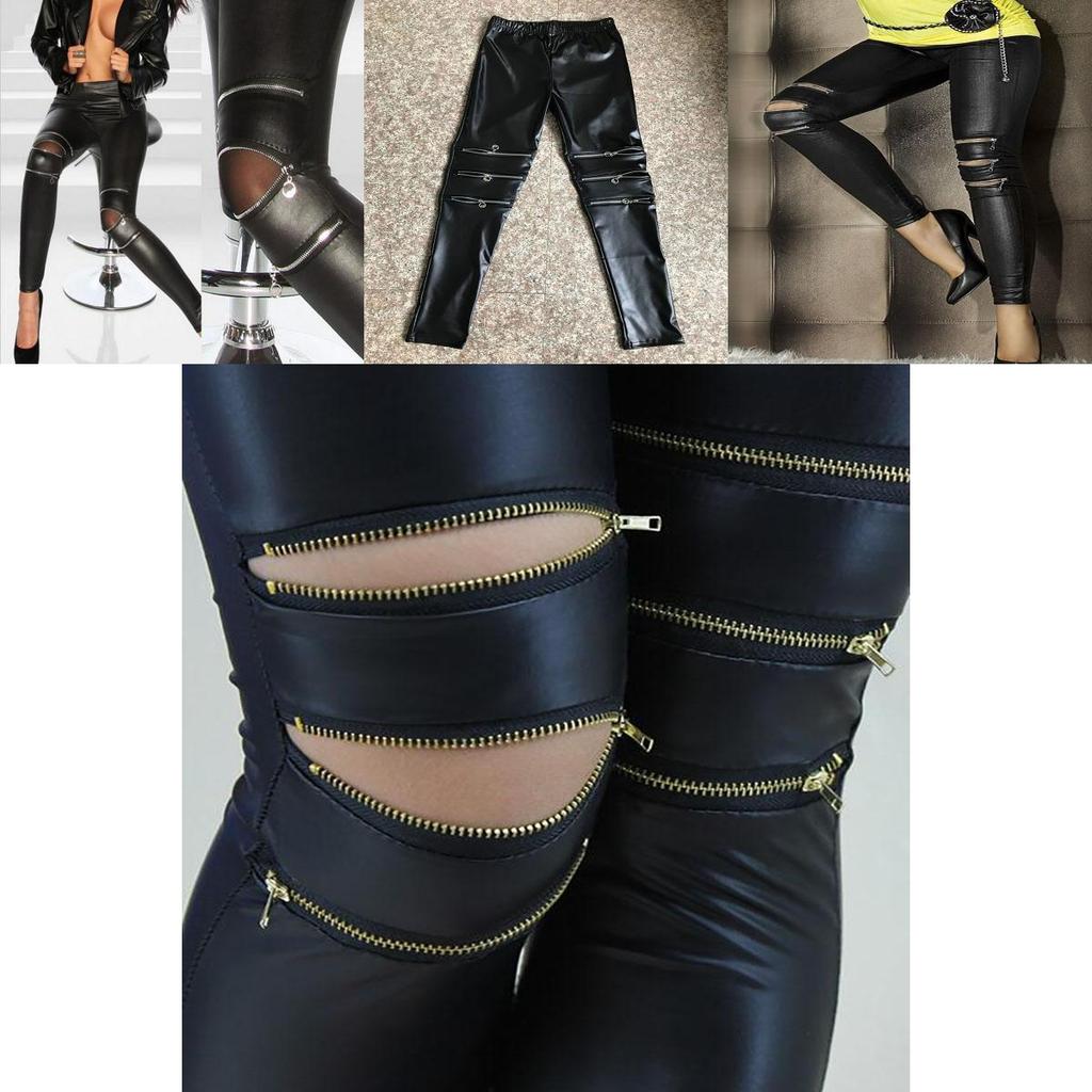 Classical Fit Slim Sexy Three Zipper Bright Leather Stretchy Leggings Pants