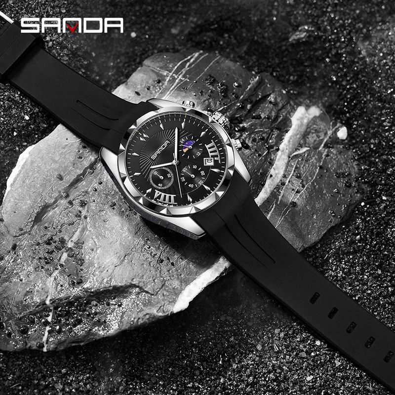 Sanda Men's Waterproof Business Watch - Steel Band, Luminous, with Small Seconds and Simple Calendar.