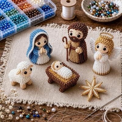 1 Set DIY Nativity Scene Beading Kit, Birth of Jesus Art Craft Kit for Beginners Adults, Handmade 3D Beadwork Decor Set, Religious Gift for Christian
