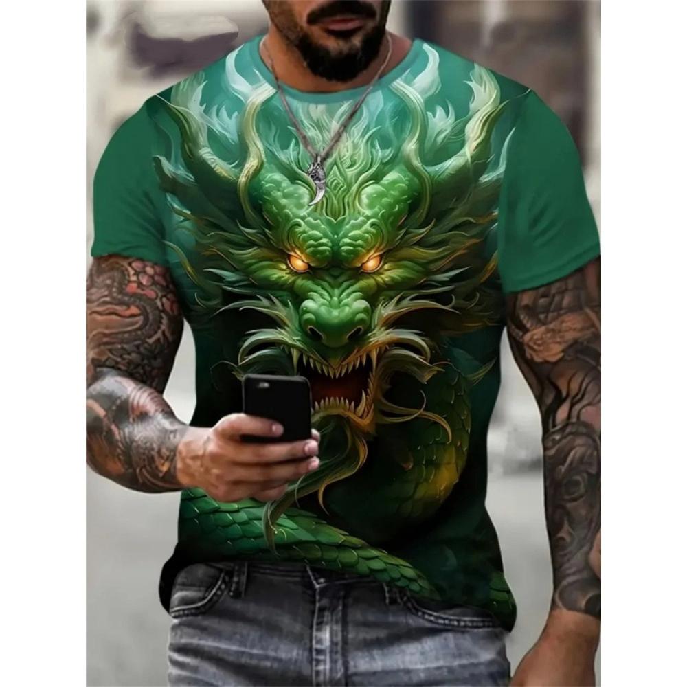 Summer 3D Dragon King Pattern Men's T-Shirt, Street Style Trendy Men's Fashion Loose Casual Short-Sleeve T-Shirt