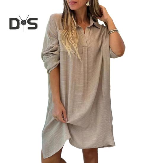 Lady Beach Shirt Dress with Cufflinks Thin Loose Side Slit Midi Dress Turn-down Collar Long Sleeve Dress for Vacation Daily Wear