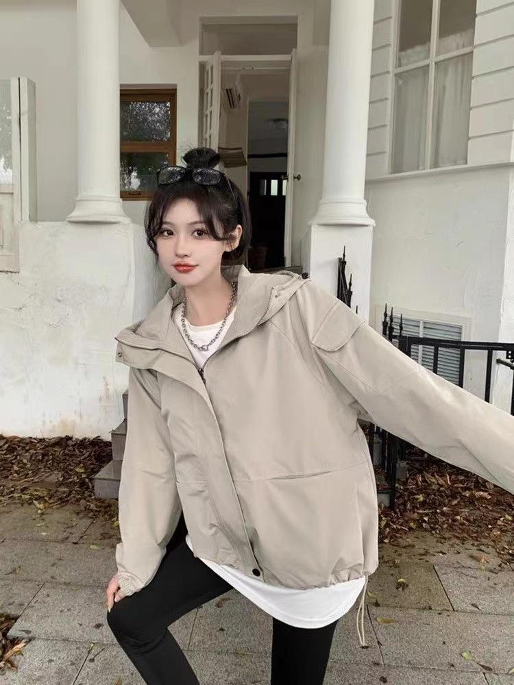 Women's Korean-Style Hooded Windbreaker: Spring/Autumn 2025, Loose Fit, Drawstring, Long Sleeve.