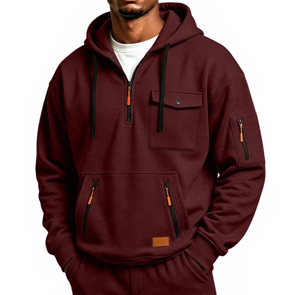 Sudadera con capucha y cremallera de manga larga informal para hombre con múltiples bolsillos