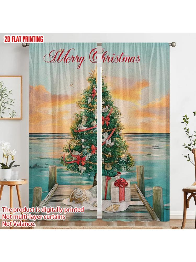 

Set Of 2 Plane Printing Print Curtains Tree Ocean Sea Polyester Fabric Without Rod Festive Perfect Bedroom Living Room Curtain For Area Made W100*H70(CM)-Hooks&2PCS