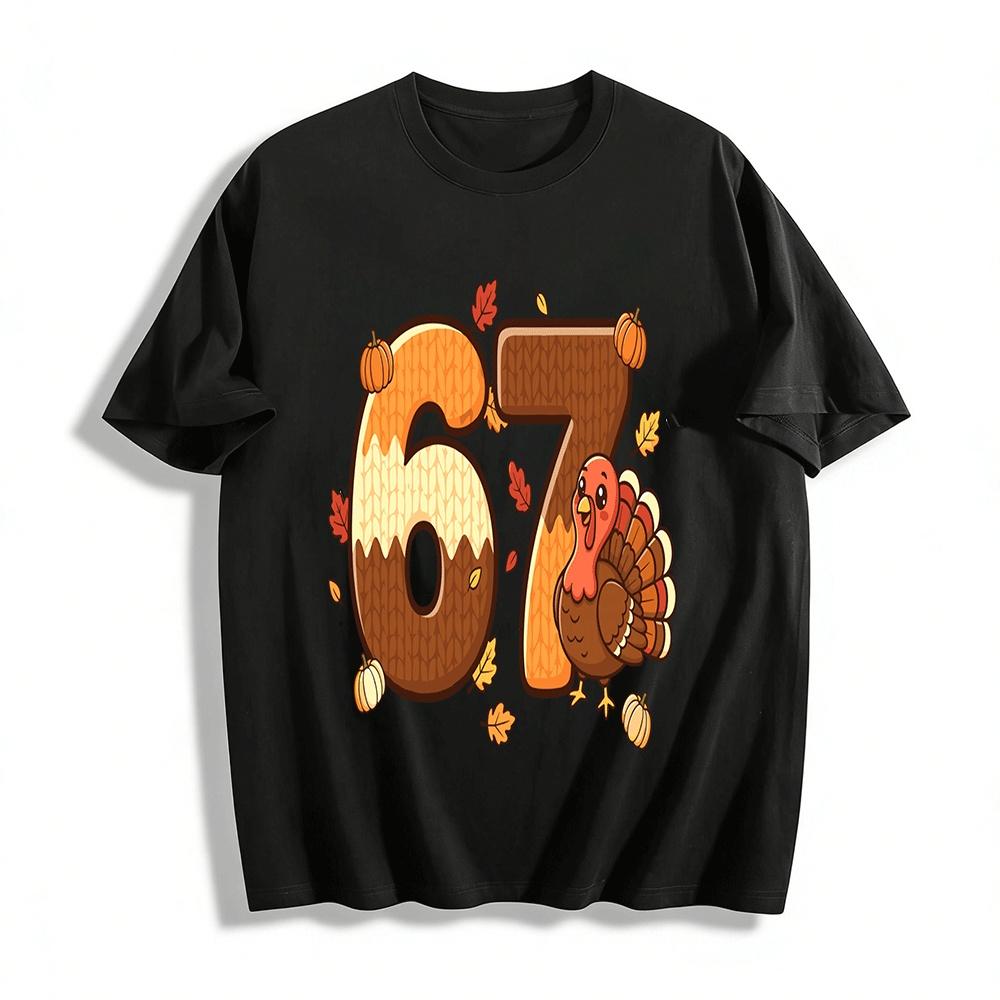 Thanksgiving Themed Knit Style Number 67 Turkey Print Casual Top Pure cotton T-shirt XXS