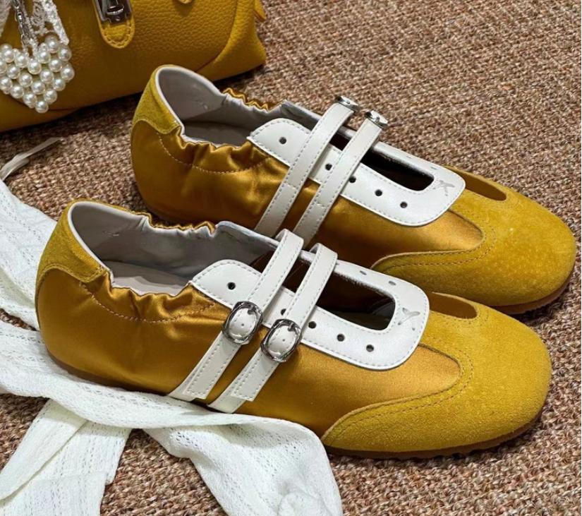 Fashion Leather Version~ Niche Design Sport Ballet Shoes Heightening Double Row Button Mary Janes Color Block Matte Single Shoes