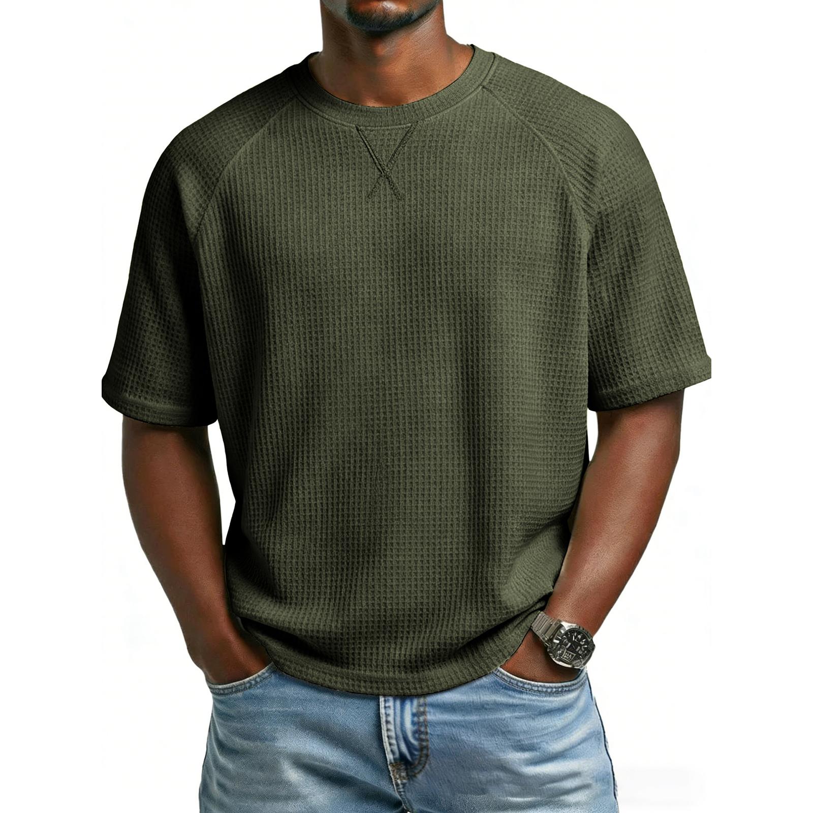 Men s -Knit Raglan Sleeve Round Neck Short Sleeve L армия зеленый