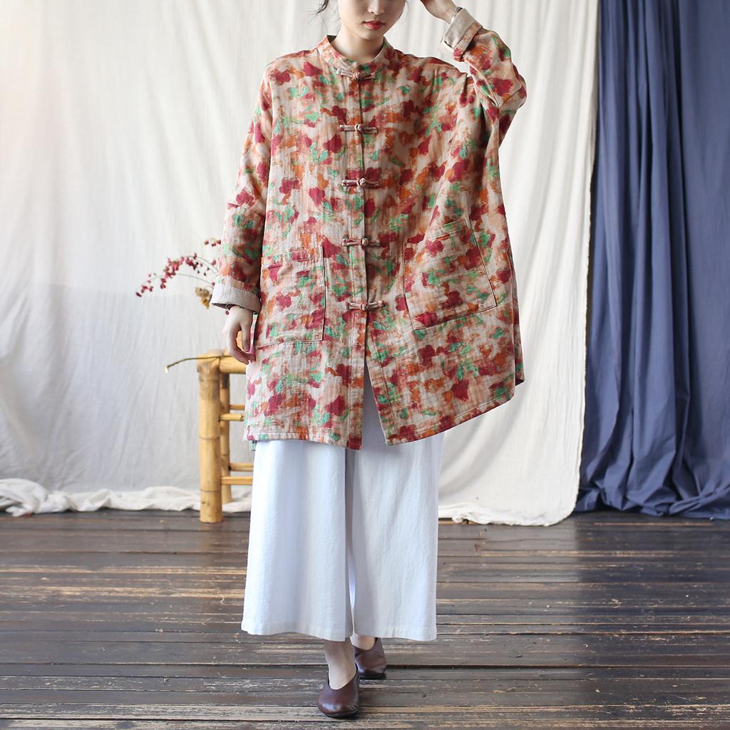 Johnature Women Vintage Print Floral Stand Long Sleeve Spring Autumn Button Pockets Coats