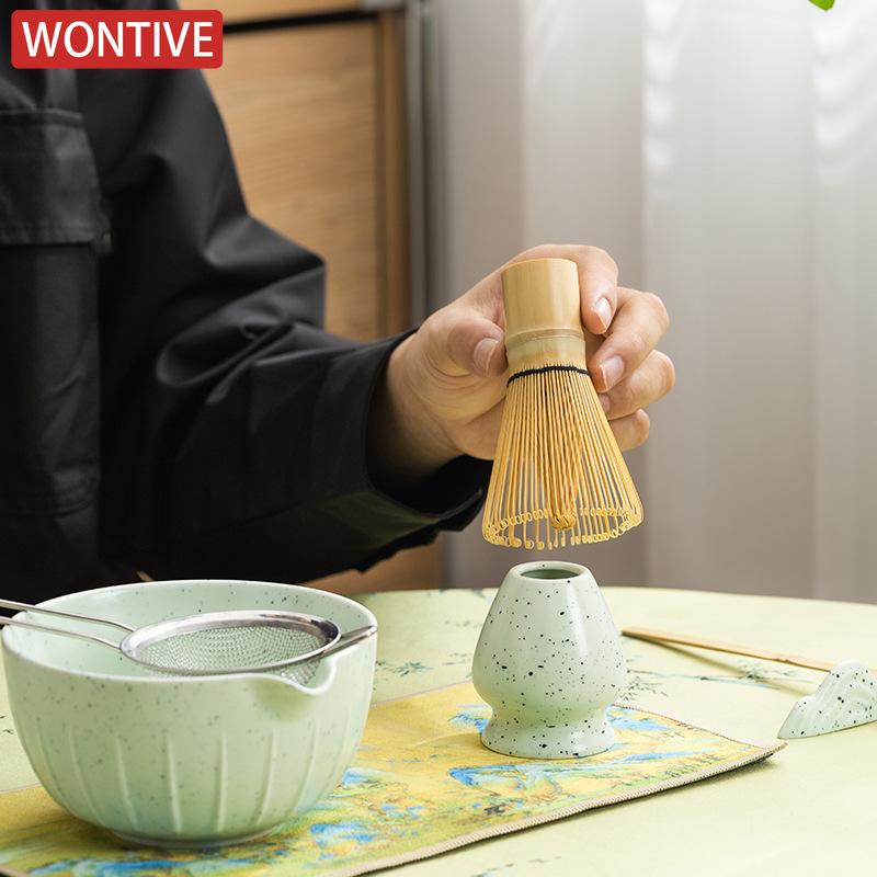 Zestaw Japońskiej Matchy 4/7 Szt. z Wypukłą Ceramiczną Miseczką, Bambusową Ubijaczką Matcha i Łyżeczką do Herbaty do Samodzielnego Robienia Herbaty, Akcesoria