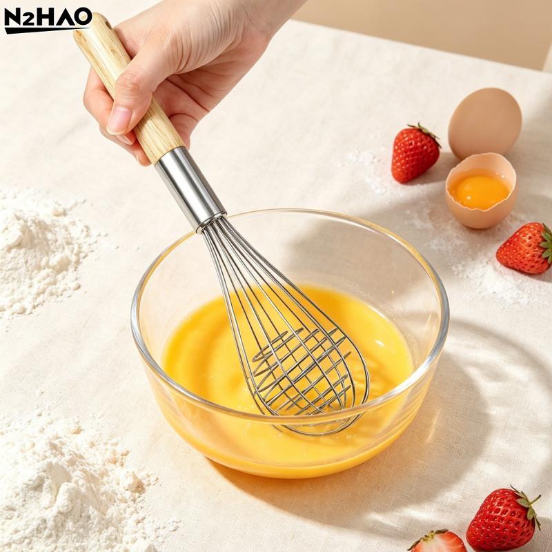 1PCS Stainless Steel Eggbeater Cream Mixer Spin Stirrer Egg Whisk Manual Wood Handle Knead Dough Rotary Eggbeater Stiring Stick