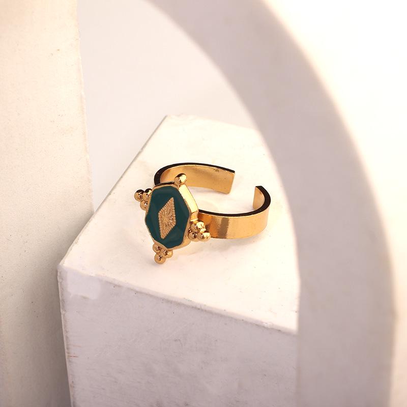French Retro 18K Gold-Plated Stainless Steel Enamel Open Ring for Women