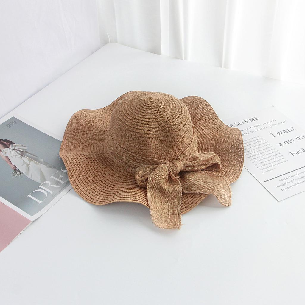1pc Khaki Bow-Decorated Sun Hat Foldable Wide-Brim Straw Hat Minimalist Straw Cap