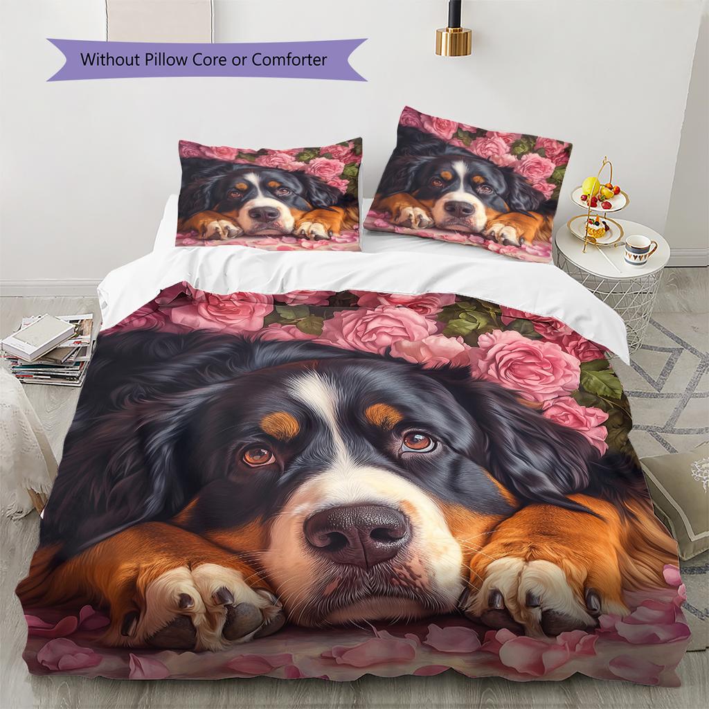 Bernese Mountain Dog and Rose Pattern Bedding Home Decoration Birthday Gift (1 * duvet cover + 2 * pillowcase, without core)