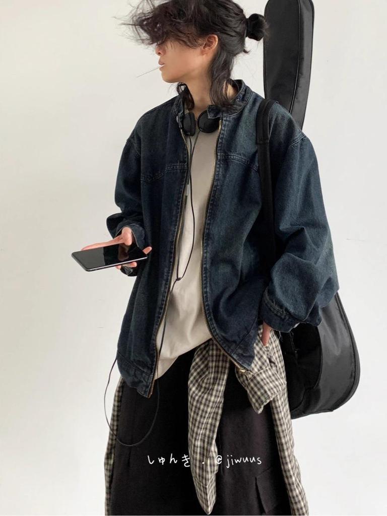 Pánská japonská retro distressed džínová bunda na jaro a podzim - Ležérní, volný střih pro páry