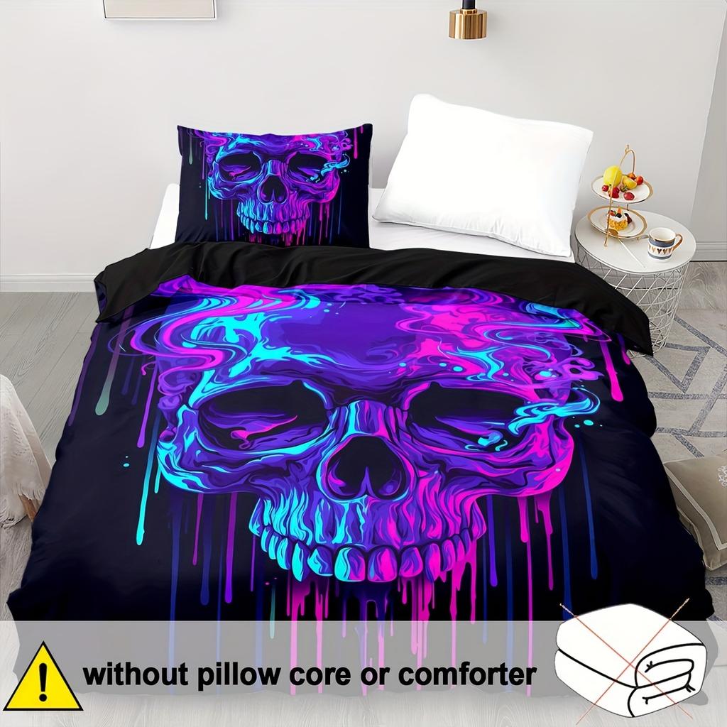 Gothic Neon Skull Duvet Cover Set - 3D Digital Print Breathable Polyester Bedding Set with Zipper Closure - All-Season Comforter
