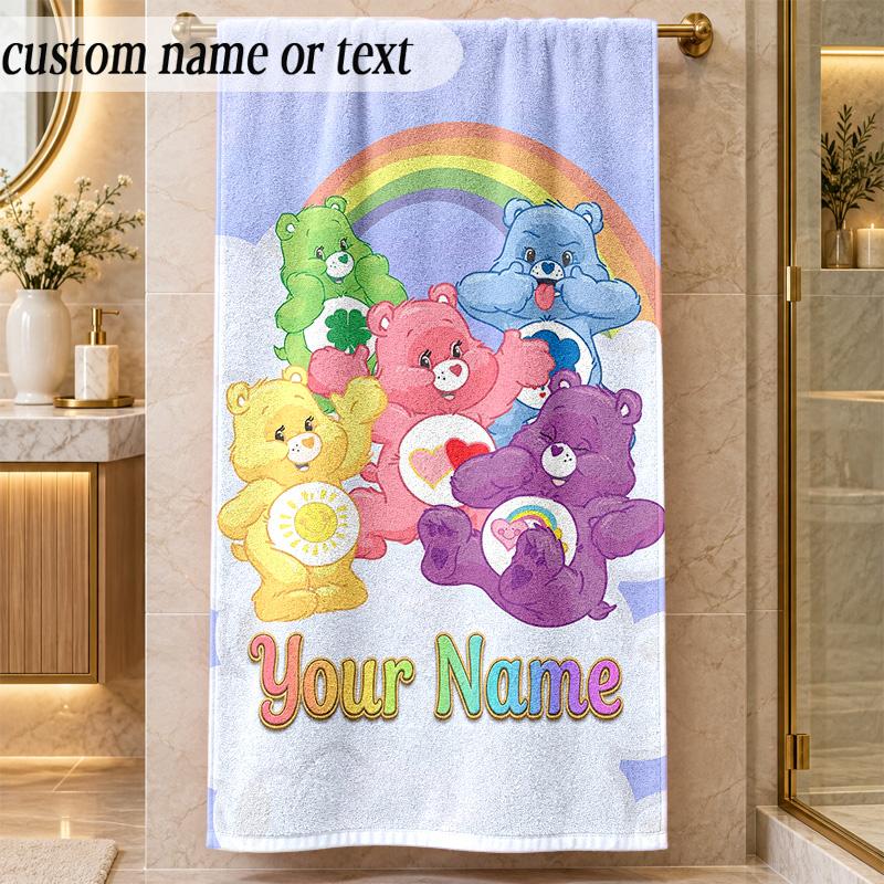 Beach TowelCare Bears Custom Name Text Personalized Soft Towel for Beach Pool Indoor Home Decor Gift