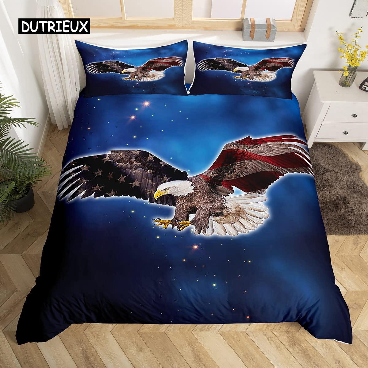 

Eagle Duvet Cover Set Wildlife Eagle United States Flag Comforter Cover Kids Teen Boys Animal Twin Polyester Quilt EU single(135x200cm)