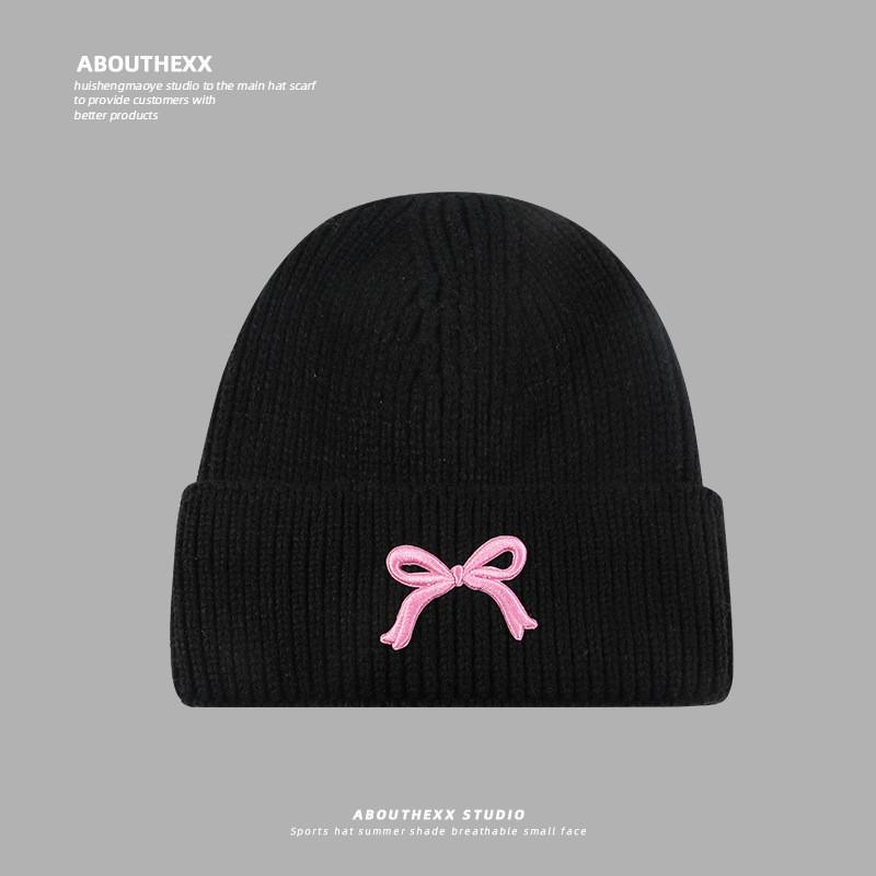 Korean Style Knit Beanie With Bow Detail For Cold Weather Fashion And Face Slimming Effect Black