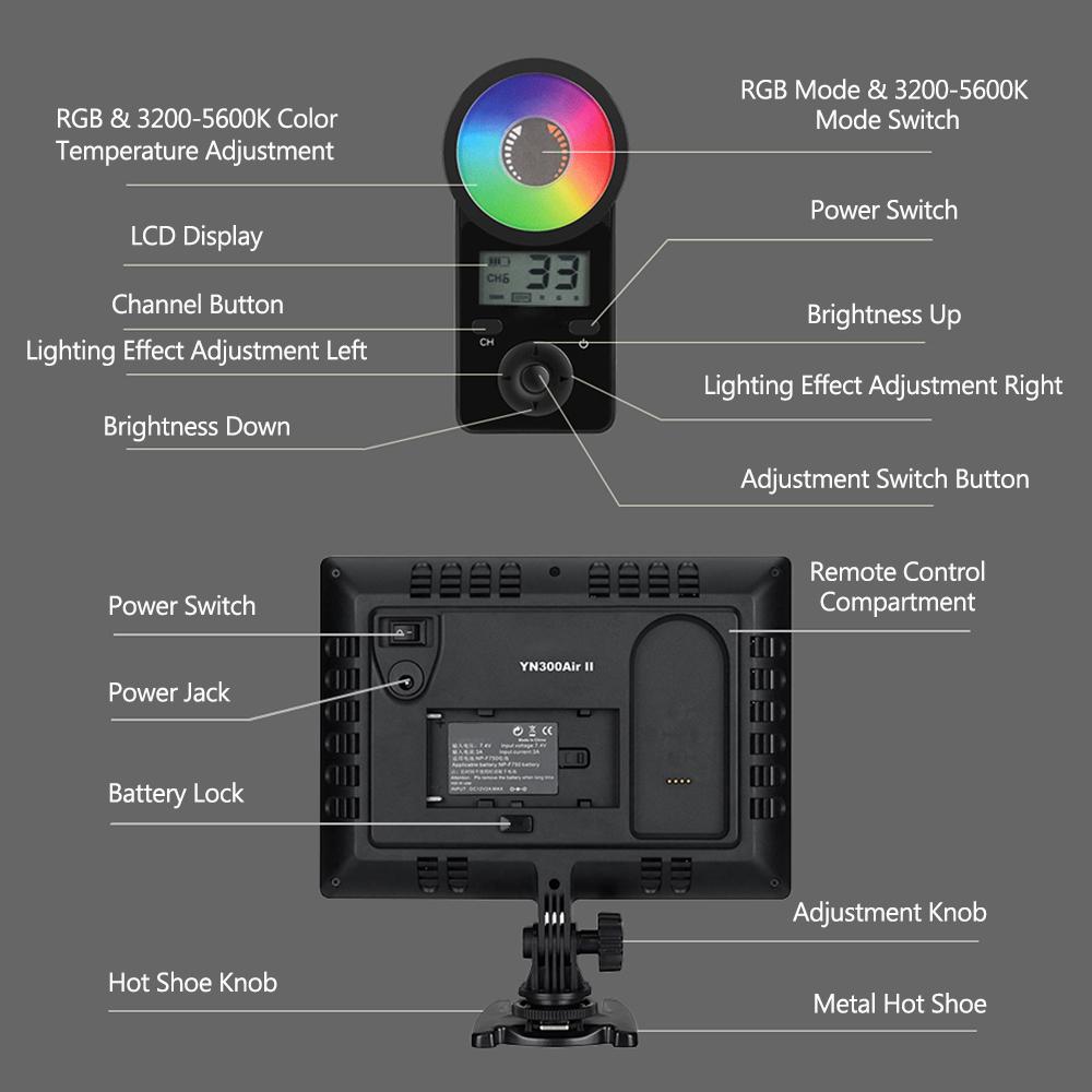 YN300 Air II LED Video Light Panel RGB 3200K 5600K Photography Fill in Lamp 10 Lighting Effects CRI 95+ with Remote