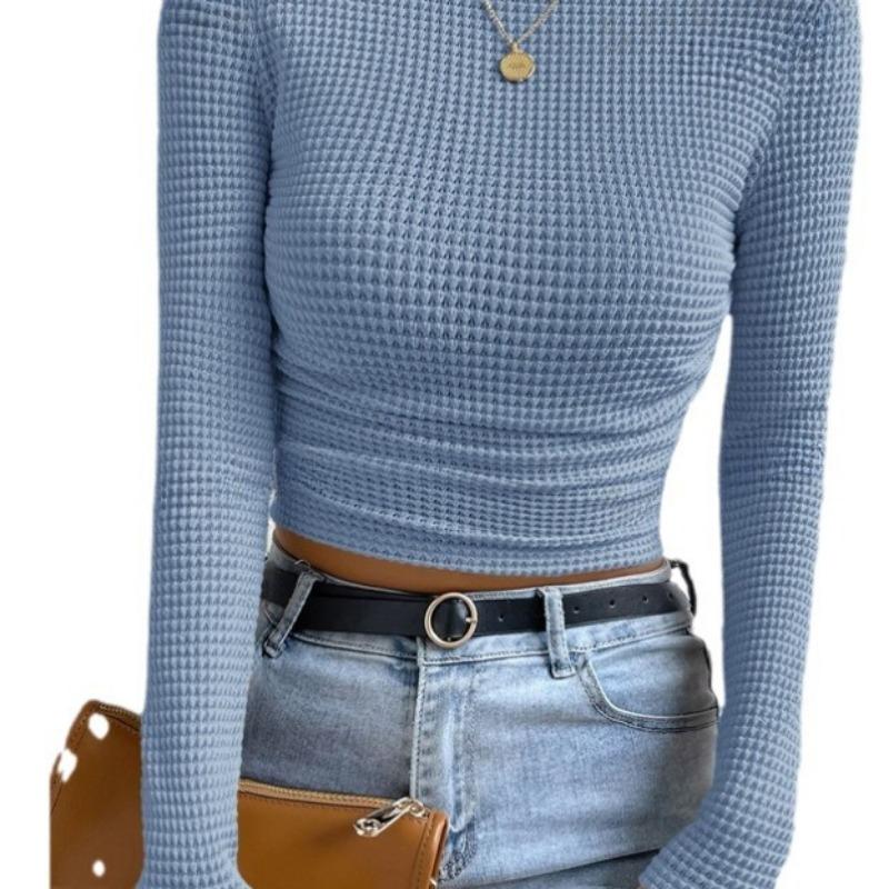 

YYFS женские модные повседневные весенне-осенние однотонные блузки и рубашки с круглым вырезом и длинными рукавами с принтом M синий