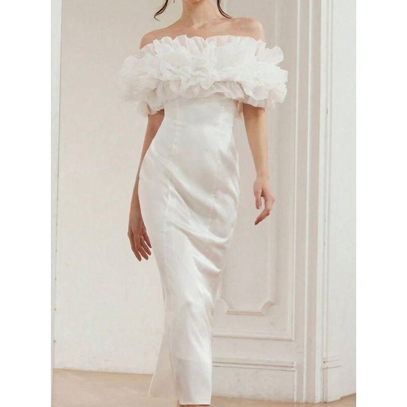 Foreign Trade Order Personality Fashion Banquet Party Light Wedding Dress Dating Dress for Toast Simple White off-Neck Dress Women