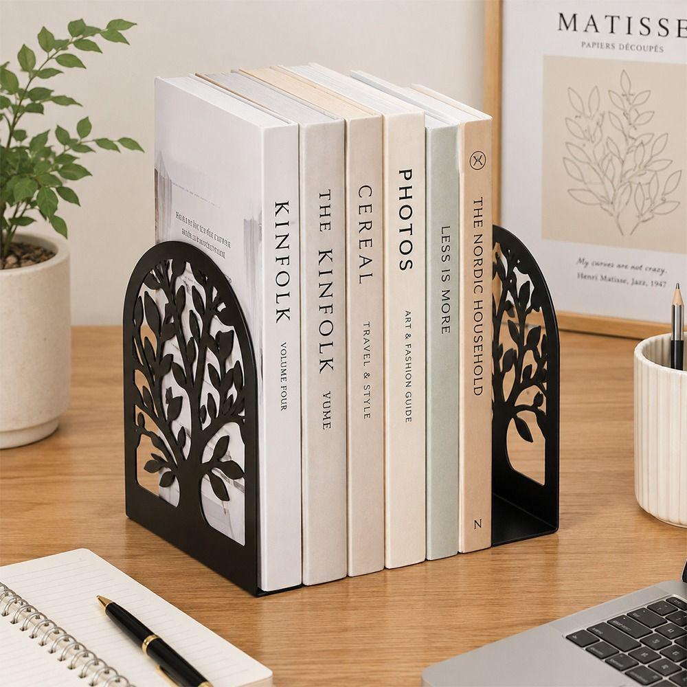 2Pcs Hollow Tree Pattern Metal Bookends T-Shape Non-slip Book Holder  Gift