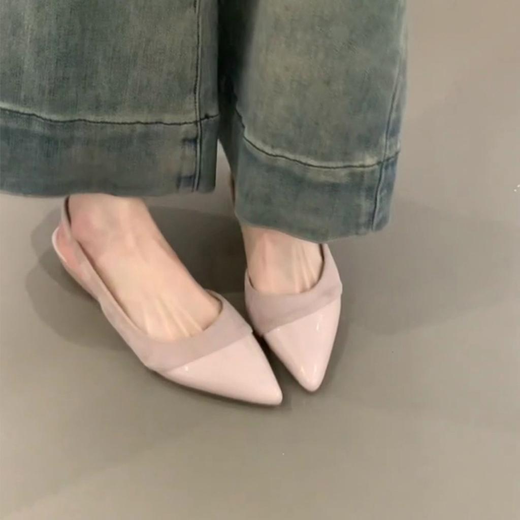 Sanfte Spleißung Flacher Mund Ein Pedal Einzelne Schuhe Damen Vielseitige Niedriger Absatz Hintere Luft Pendlersandalen