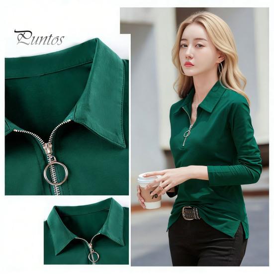 Women T-shirt Lapel Zipper Half Placket Long Sleeve Pullover Tops Solid Color Soft Stretchy Tee Slim Fit Casual Shirt Work Party Vacation Daily