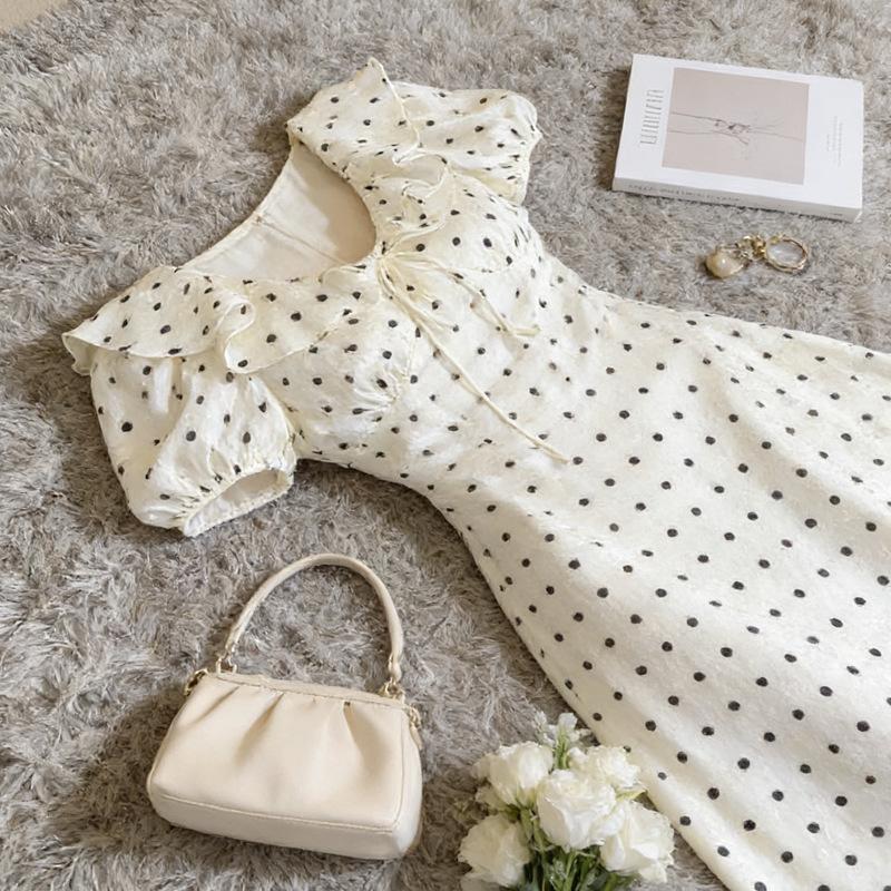 Large size gentle wind French ruffle edge polka dot dress women's summer new waist and thin white skirt