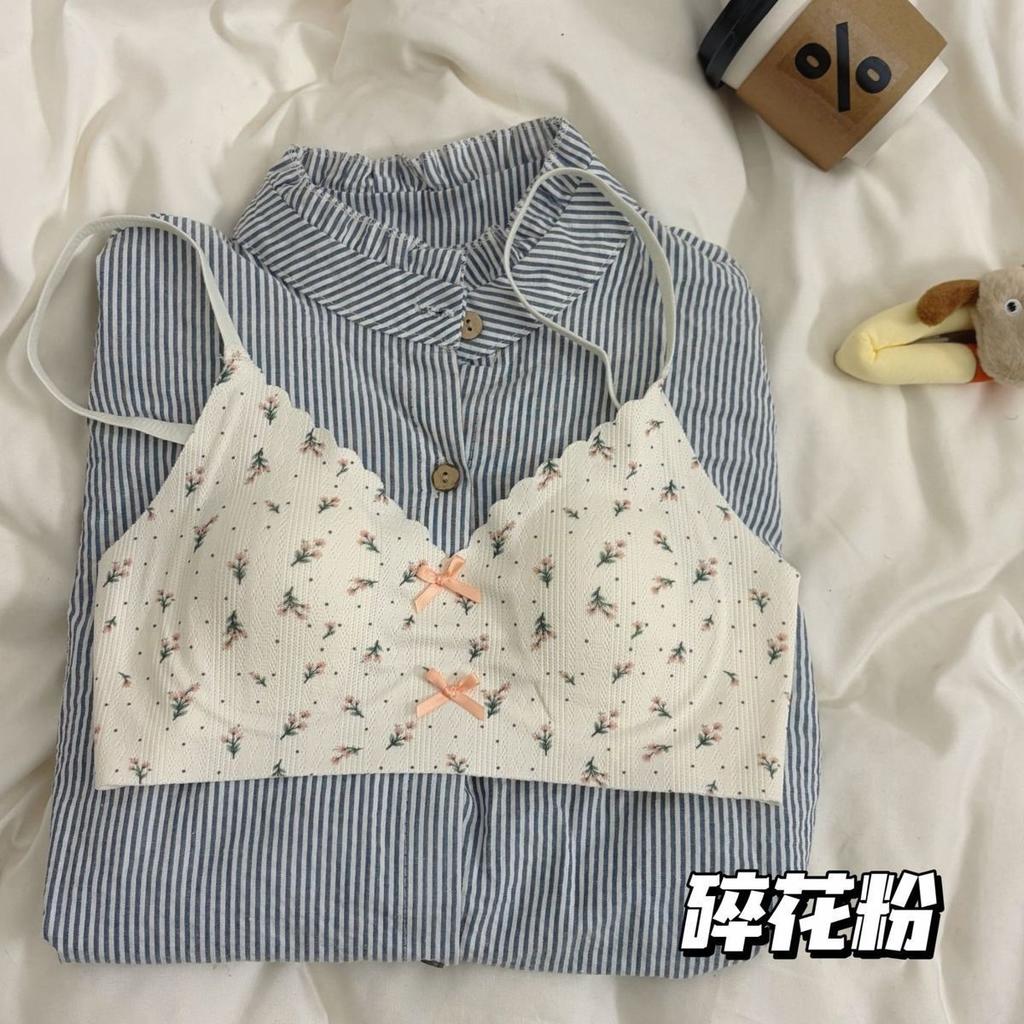 French girl floral non-marking thin rabbit ear cup no steel ring underwear big chest small breast soft support bra