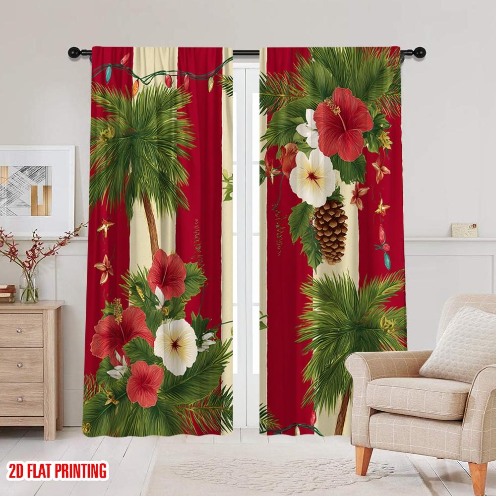 2 Stück, 2D-Flachdruck Minimalistische Vorhänge Tropische Santa Strandszene mit Palmen & Ozean Vielseitiger Polyesterstoff