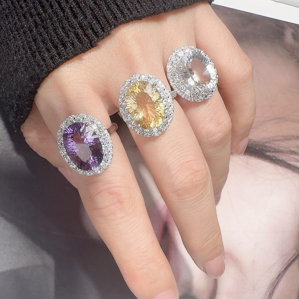 White Purple Citrine S925 Sterling Silver 18K Gold Natural Color Treasure Ring Light Luxury Premium Index Finger Ring Energy Jewelry