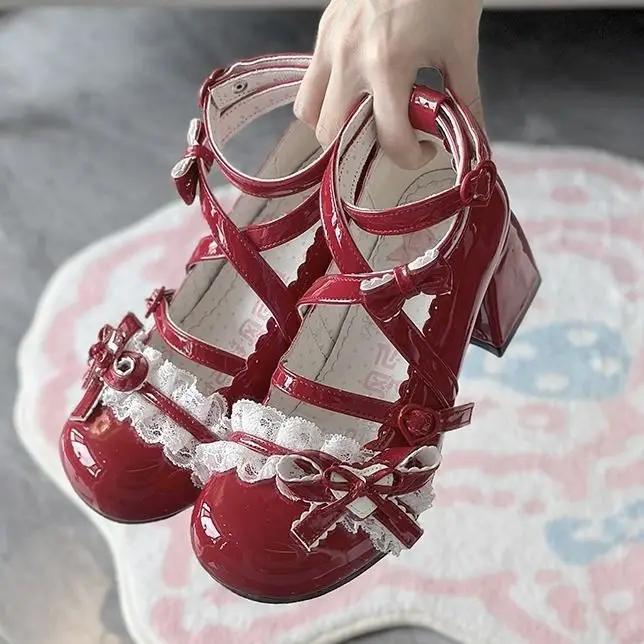 Lolita Red High Heels  Shoes Autumn Winter Lace Edging Thick Single Shoes Patent Leather Mary Jane Women's Shoes 2026 New