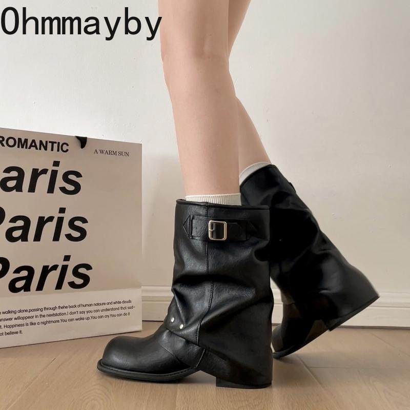 Zimowe plisowane damskie zachodnie botki modne buty z klamrą na pasek z nitami damskie zwięzłe vintage botki na grubym obcasie