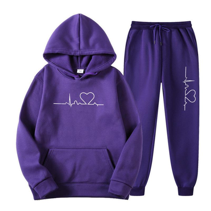 Unisex Trendy Heart Pattern Plus Velvet Hoodie Set for Autumn and Winter