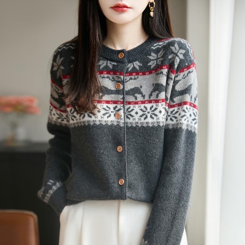 

Женский вязаный кардиган в стиле Fair Isle - Свободный свитер-пальто с длинным рукавом для осени/зимы 2025 XL темно-серого