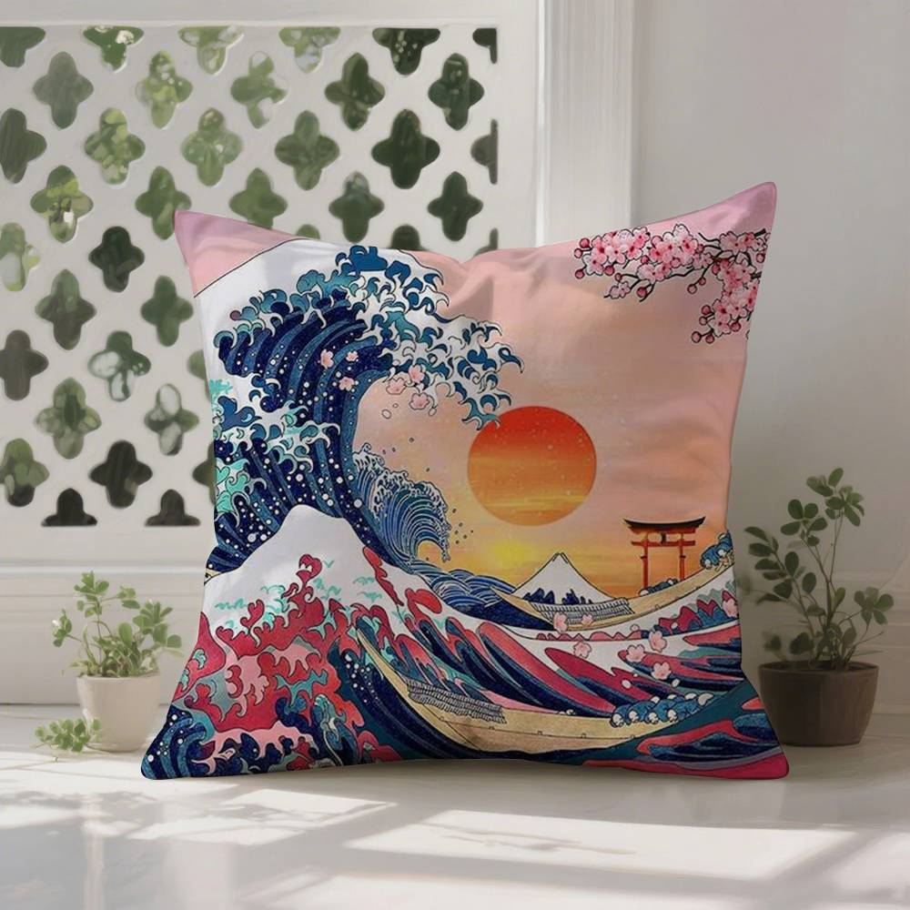 Наволочка с японскими волнами  Противопылевой наперник Невидимая молния шелковистый Чехол на диванную подушку 12x12Inch