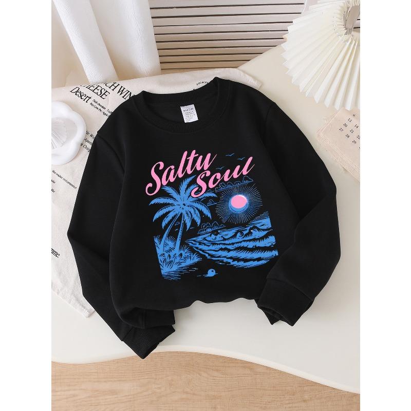 Europäische Größen Mädchen Weiches Rundhals-Sweatshirt Saltu Soul Tropischer Strand Palmenbaum Sonnenschein Aufdruck, Lässig Vielseitig Kombinierbar, Ideales Urlaubsgeschenk
