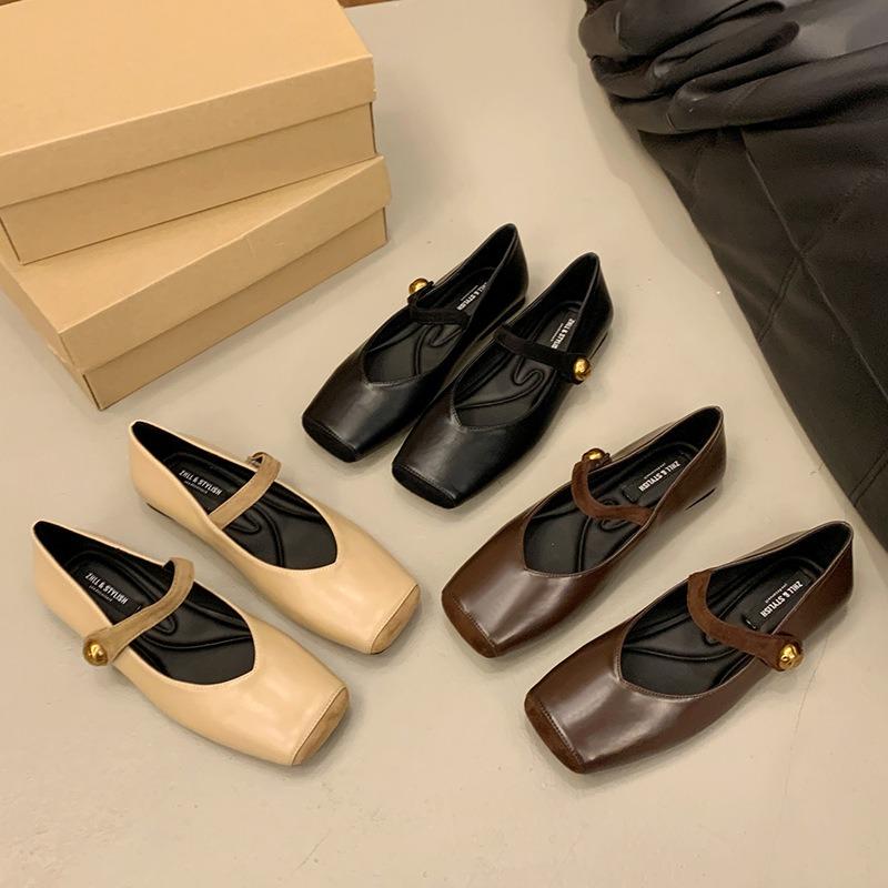 Retro Square Head Mary Jane Shoes, Shallow Mouth Soft Sole, One Word with Flat Shoes, Fattened and Widened Large Size Women's Shoes