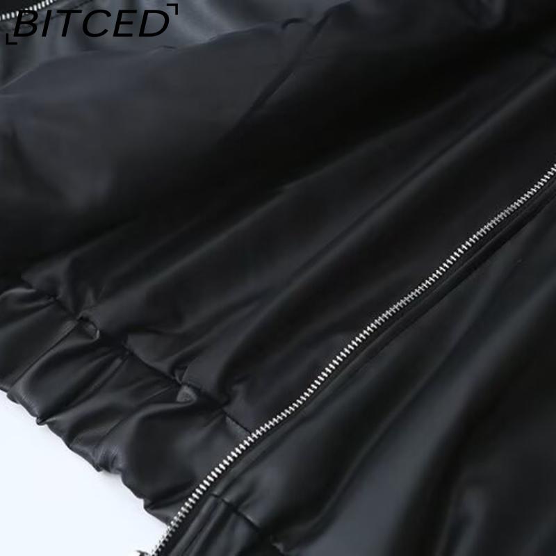 BITCED Women's Fall/Winter Plus Size Fashion Collared Leather Jacket with Slanted Pockets