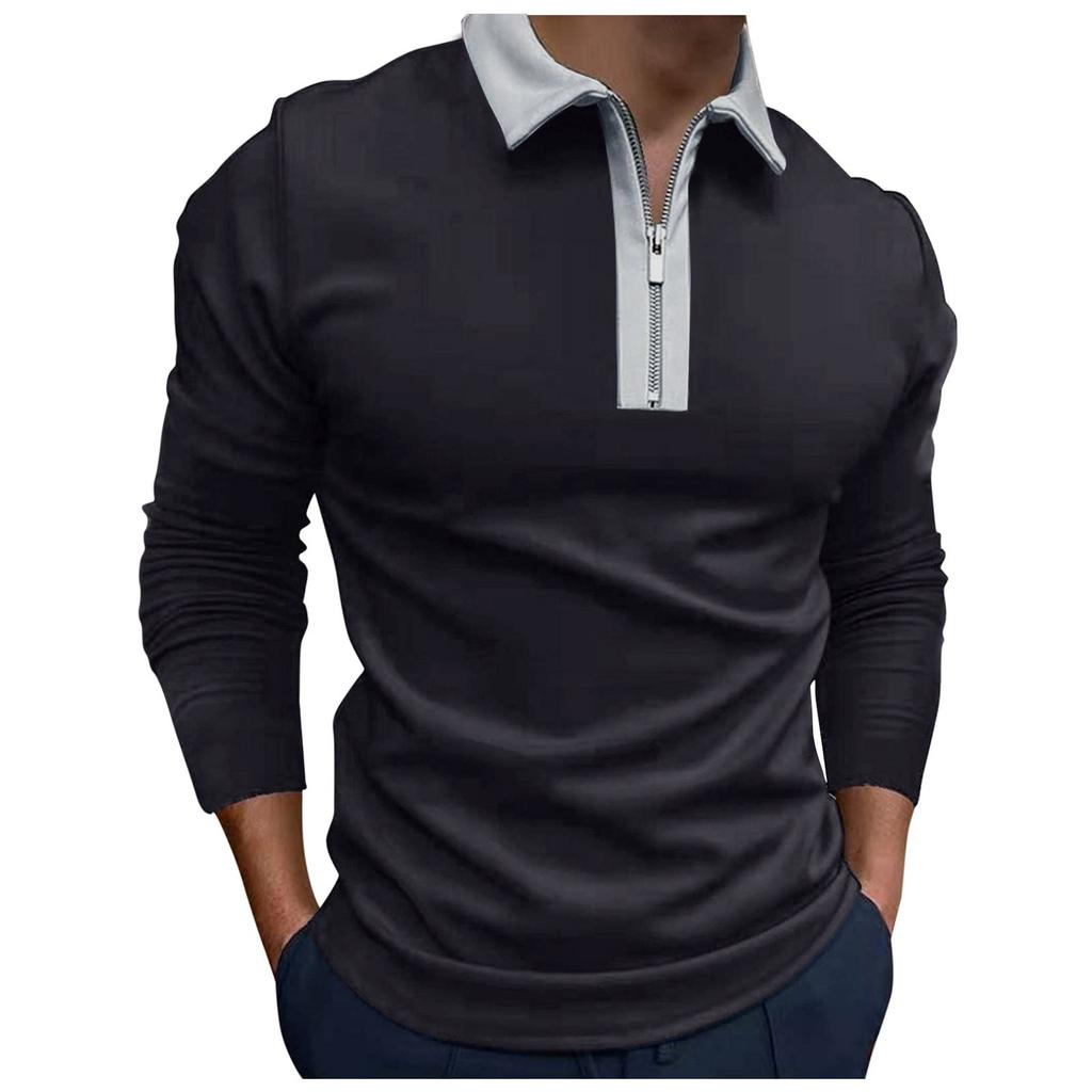 Men's Fashion Zipper Stitched T-Shirt Long Sleeve Lapel Pullover Top Blouse